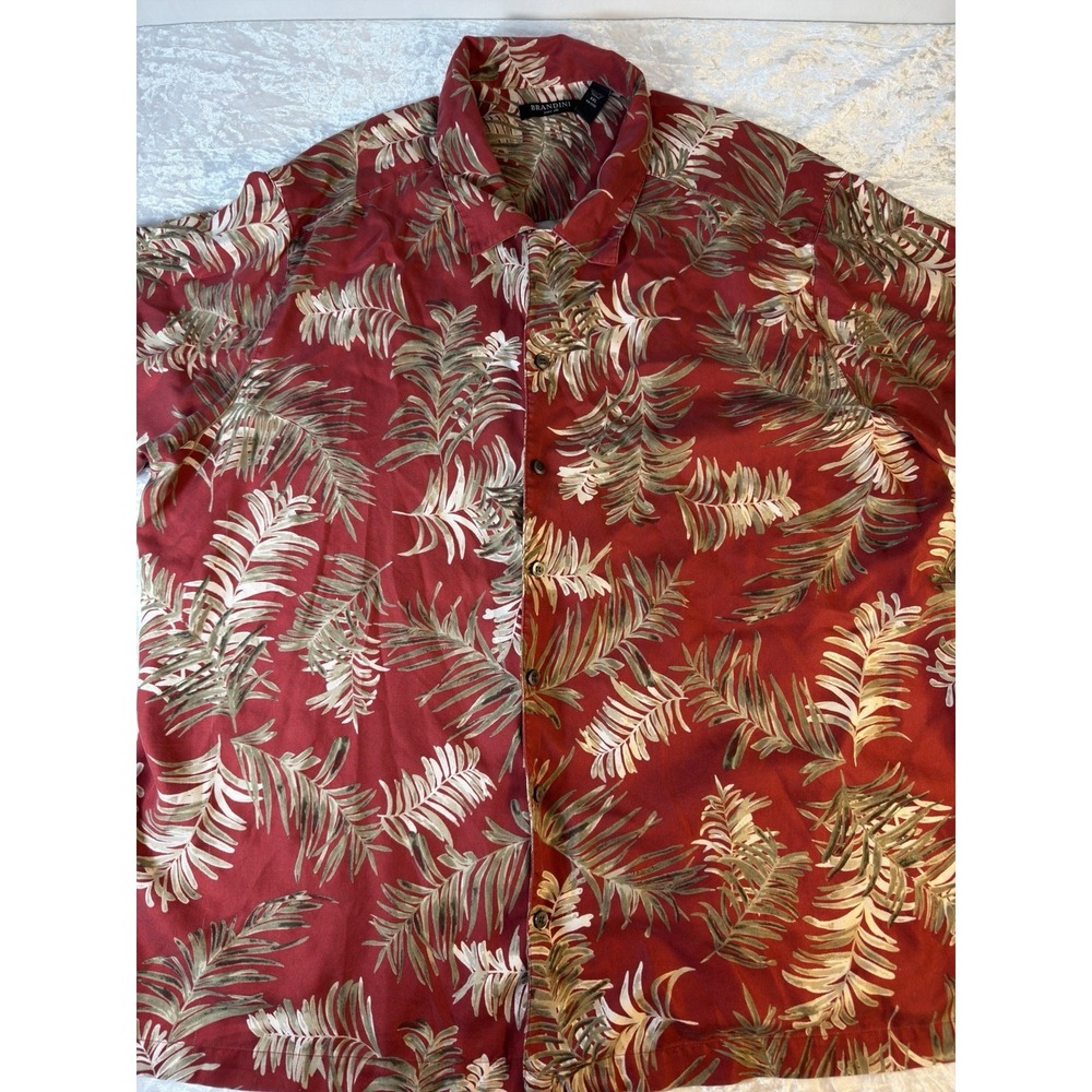 Brandini Pure Silk Hawaiian Shirt Mens XL Red Tropical Palm Leaf Camp Aloha